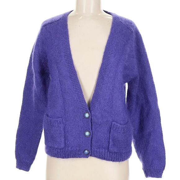 Vintage Bramble Lane Mohair Hong Kong Purple Deep V Neck Cardigan M - Picture 1 of 9